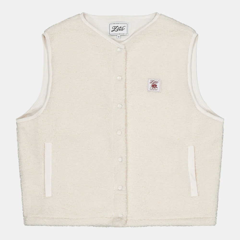 Veste-Polaire-Sherpa-sans-manche-couleur-beige-avec-boutons-à-pression-et-poches-extérieures-ultra-moltonnée-et-chaude