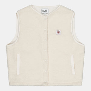 Veste-Polaire-Sherpa-sans-manche-couleur-beige-avec-boutons-à-pression-et-poches-extérieures-ultra-moltonnée-et-chaude