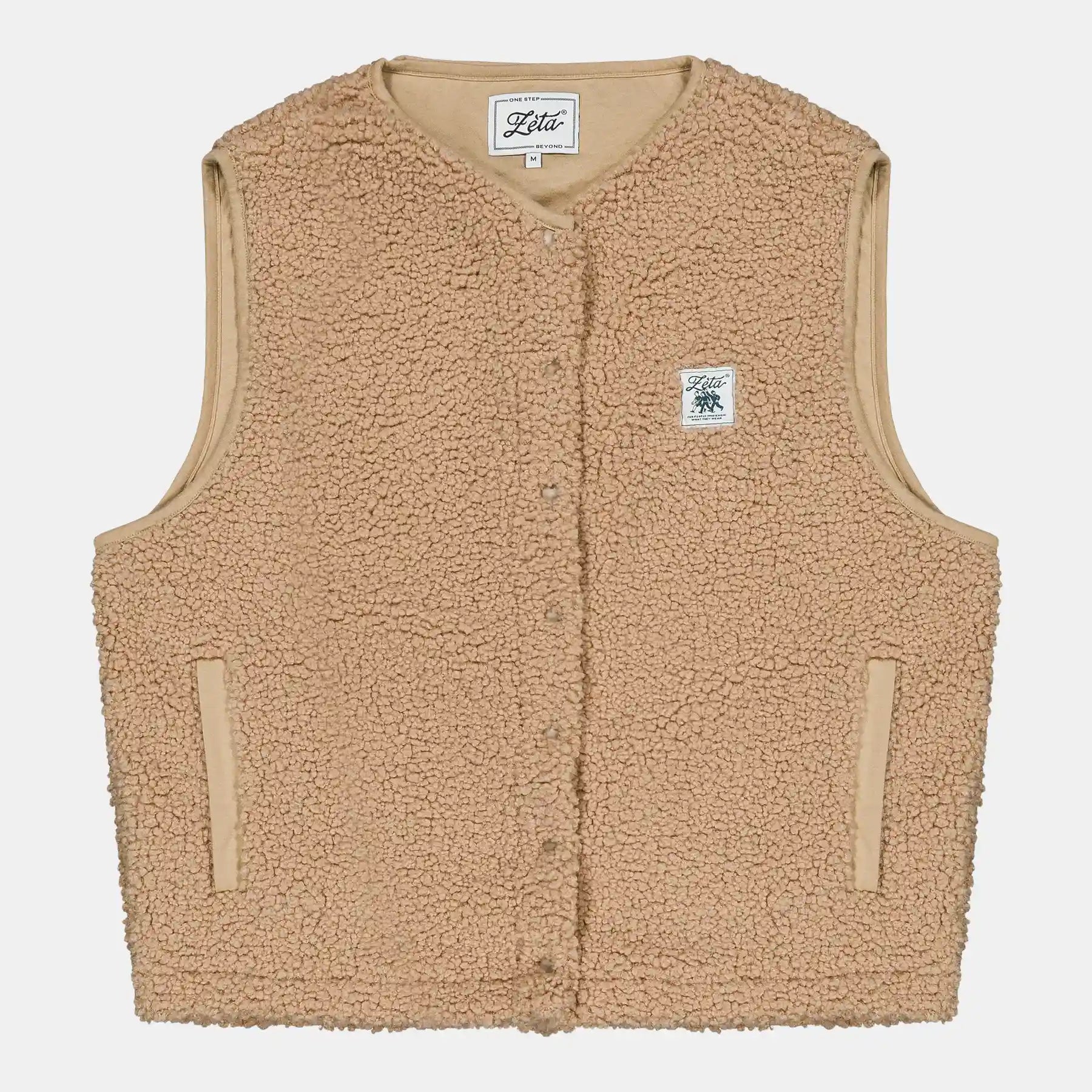Veste-Polaire-Sherpa-sans-manche-couleur-camel-avec-boutons-à-pression- ultra-moltonnée-et-chaude