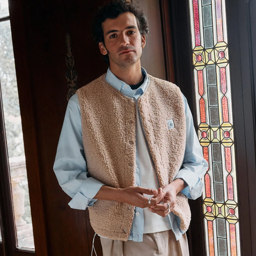 Camel sleeveless sherpa jacket